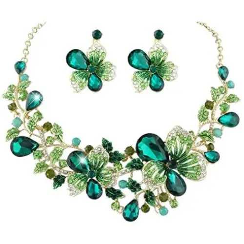 EVER FAITH Womens Rhinestone Crystal Flower Teardrop Necklace Earrings Set Green Gold-Tone