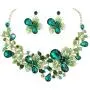 EVER FAITH Womens Rhinestone Crystal Flower Teardrop Necklace Earrings Set Green Gold-Tone
