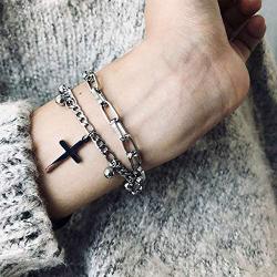 7.8in Double Layer Charm Beads Link Chains Punk Cross Bracelet Stainless Steel Adjustable with 2.4in Long Extension for Women Teen egirl eboy Lady Expandable Hip Hop Bangle