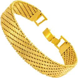 Lifetime Jewelry 13mm Vintage Flat Basket Weave Bracelet 24k Real Gold Plated for Women and Men