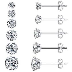 6 Pairs Stud Earrings Set, Hypoallergenic Cubic Zirconia Earrings 316L Stainless Steel CZ Earrings 3-8mm