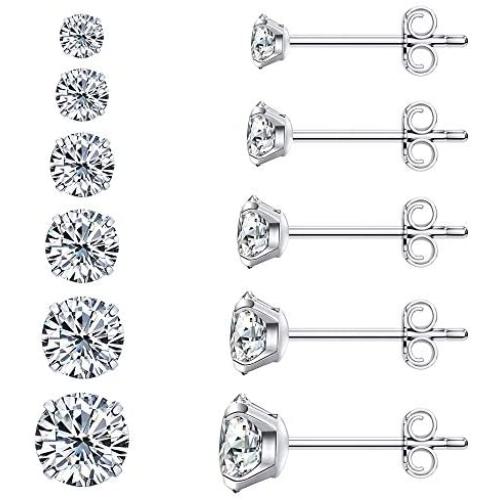 6 Pairs Stud Earrings Set, Hypoallergenic Cubic Zirconia Earrings 316L Stainless Steel CZ Earrings 3-8mm