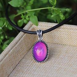 Magic Color Change Mood Stone in Antique Sterling Silver Finish Classic Oval Pendant Leather Necklace Mood Necklace