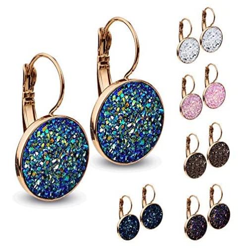 Druzy Earrings Set of 6 – Colorful Crystal Earrings – Fashionable Dangle Earrings for Women – Ideal Anniversary, Birthday, Valentine’s Day, Mothers Day, Nurses Week, Graduation, Wedding Earrings –Lever Back Closure – Lightweight and Comfortable