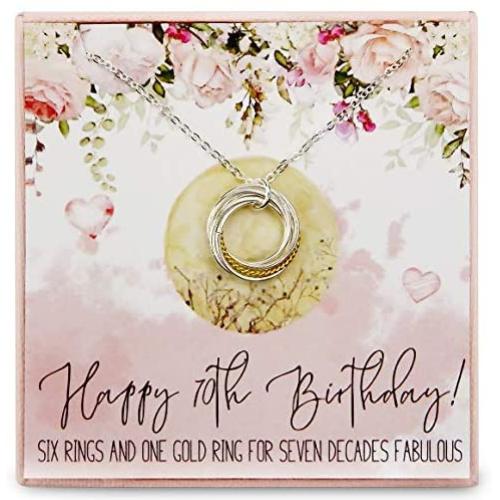 70th Birthday Gifts For Women 925 Sterling Silver Six Circle Rings One Golden Ring Pendant Necklace For Her Chain Adjust From 17'' to 19'' Extender