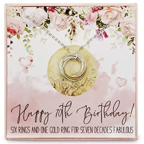 70th Birthday Gifts For Women 925 Sterling Silver Six Circle Rings One Golden Ring Pendant Necklace For Her Chain Adjust From 17'' to 19'' Extender