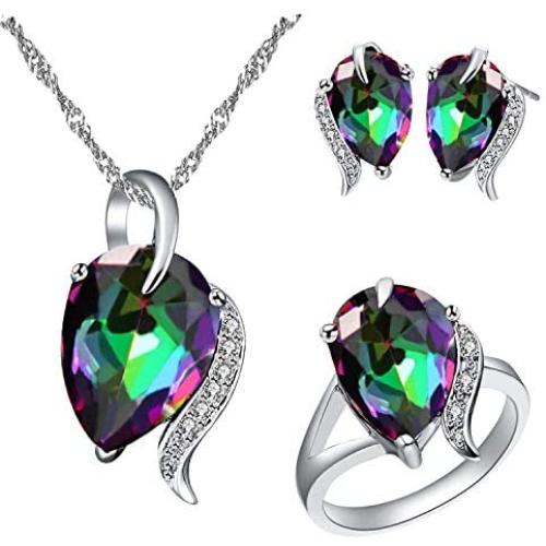 Uloveido Fashion Wedding Anniversary Jewelry Set for Women Red Purple Crystal Necklace Studs Ring Jewelry Set for Girls T300