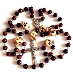 elegantmedical HANDMADE Tiger Eye Bead Bone Skull Rosary CRUCIFIX CATHOLIC NECKLACE ITALY CROSS