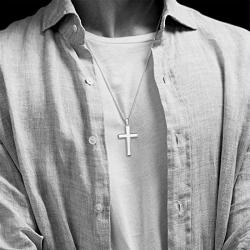 FANCIME White Gold Plated 925 Solid Sterling Silver High Polished Mens Big Large Cross Crucifix Pendant Long Necklace Fine Jewelry For Men Father Boyfriend, 20-INCH