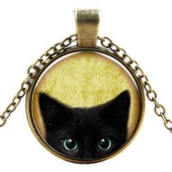 Black Cat Pattern Pendant Necklace Cute Cat Glass Dome Jewelry