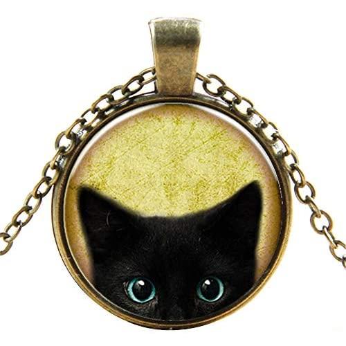 Black Cat Pattern Pendant Necklace Cute Cat Glass Dome Jewelry