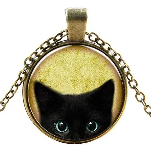 Black Cat Pattern Pendant Necklace Cute Cat Glass Dome Jewelry