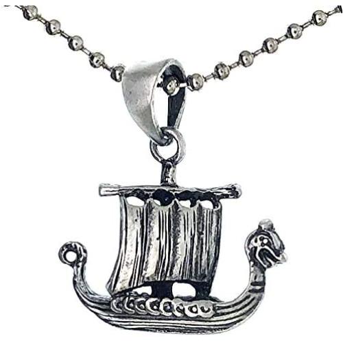 Jewelry Viking Dragonship Boat Ship Dragon Amulet Charm Silver pewter pendant necklace w Silver Ball Chain