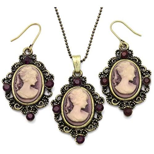 Soulbreezecollection Cameo Necklace Fashion Jewelry Set Pendant Charm Dangle Drop Earrings Gift for Women