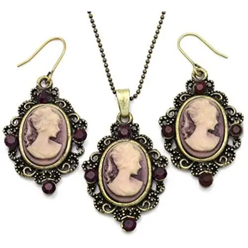 Soulbreezecollection Cameo Necklace Fashion Jewelry Set Pendant Charm Dangle Drop Earrings Gift for Women Soulbreezecollection Cameo Necklace Fashion Jewelry Set Pendant Charm Dangle Drop Earrings Gift for Women