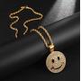 Unisex Hip Hop Golden Stainless Steel Iced out Smile Face Pendant Best Friend Happy Necklace with 24 Inch Chain