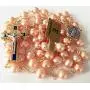 elegantmedical Pink 8mm Real Pearl BEADS St. Benedict GOLD ROSARY CROSS Necklace & box Catholic GIFTS