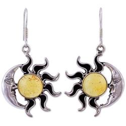 NOVICA Natural Amber .925 Sterling Silver Sun and Moon Dangle Earrings, Resplendent Sunset