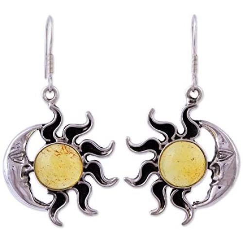 NOVICA Natural Amber .925 Sterling Silver Sun and Moon Dangle Earrings, Resplendent Sunset
