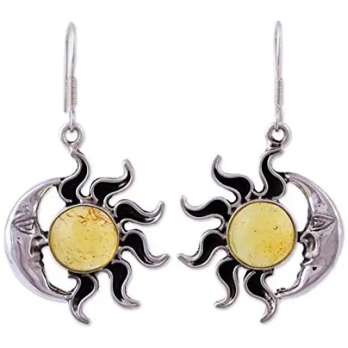 NOVICA Natural Amber .925 Sterling Silver Sun and Moon Dangle Earrings, Resplendent Sunset
