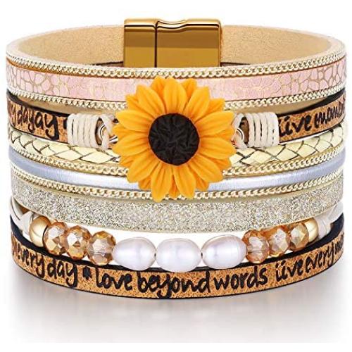 DESIMTION Sunflower Gifts for Teen Girls Tree of Life Jewelry Inspirational Leather Wrap Friendship Bracelets Gifts for Bestfriend Women