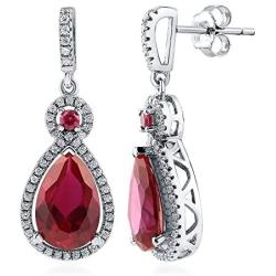 BERRICLE Rhodium Plated Sterling Silver Simulated Ruby Pear Cut Cubic Zirconia CZ Halo Bridal Bridesmaid Fashion Necklace and Earrings Set