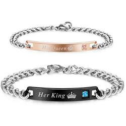 LOLIAS 2 Pcs His & Her Couples Bracelets for Men Women Gift for Lover His Queen Her King Stainless Steel Bracelet Chain Jewelry Matching Set Anniversary Promise