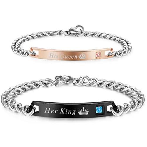 LOLIAS 2 Pcs His & Her Couples Bracelets for Men Women Gift for Lover His Queen Her King Stainless Steel Bracelet Chain Jewelry Matching Set Anniversary Promise