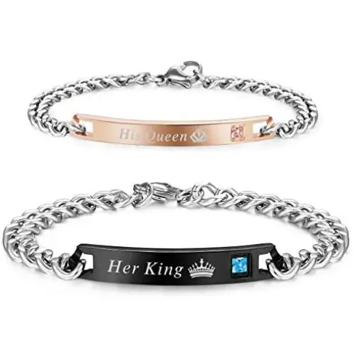 LOLIAS 2 Pcs His & Her Couples Bracelets for Men Women Gift for Lover His Queen Her King Stainless Steel Bracelet Chain Jewelry Matching Set Anniversary Promise
