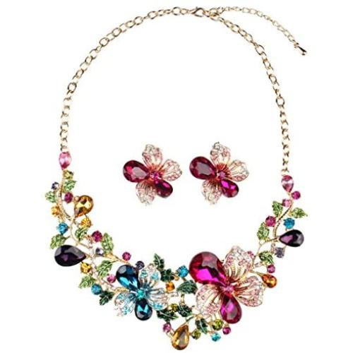 Hamer Wedding Jewelry Sets for Brides Multi-Color Crystal Flowers Choker Gothic Necklace and Earrings Sets Costume Jewelry for Women
