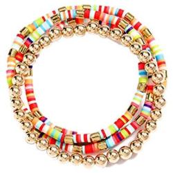 Multiple Colorful Soft Polymer Clay Bracelet African Vinyl Disc Beaded Strand Bracelet for Women Girls Surfer Boho Beaded Bracelet Bohemian Metal Ball Beads Stretch Bracelet Jewelry