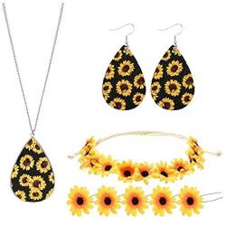 RUIZHEN 8 Pieces Sunflower Pendant Necklace Dangle Earrings Sunflower Hair Clip Sunflower Boho Headband Wreath Jewelry Accessories for Women Girls