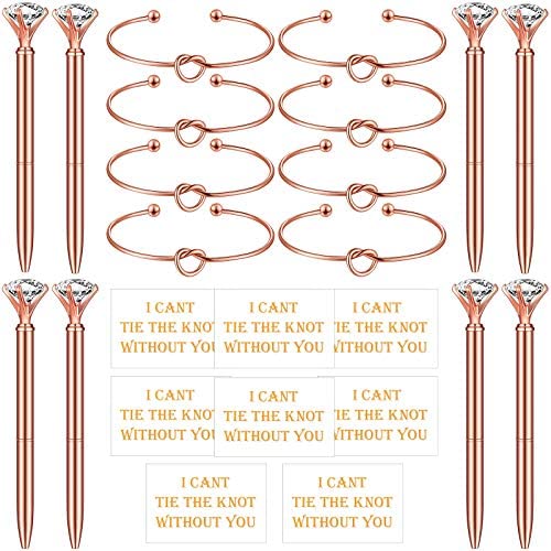 Hicarer 24 Pieces Bridesmaid Proposal Accessory Rose Gold Love Knot Bracelets, Rose Gold Crystal Diamond Pen, Bridesmaid Cards for Women Girls Wedding