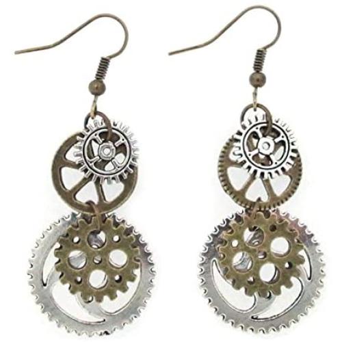 SKYPIA Antique-Bronze-Tone Gear Earrings