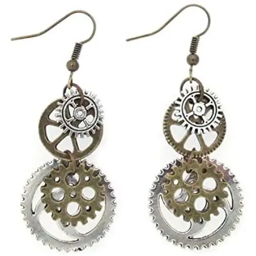 SKYPIA Antique-Bronze-Tone Gear Earrings