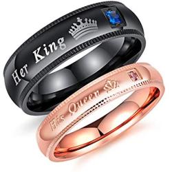 Fate Love Jewelry 2Pcs Matching Set Stainless Her Queen & His King Black/Rose Gold Couple Rings Bands, Love Gift