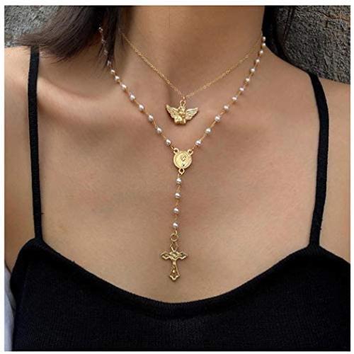 Woeoe Bohe Pearls Layered Rosary Necklace Gold Coin Pendants Cross Religious Necklaces Chain Beach Y Shape Angel Necklace Jewelry for Women and Girls