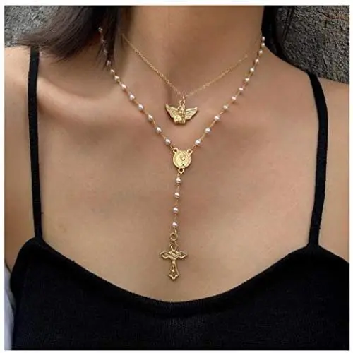 Woeoe Bohe Pearls Layered Rosary Necklace Gold Coin Pendants Cross Religious Necklaces Chain Beach Y Shape Angel Necklace Jewelry for Women and Girls