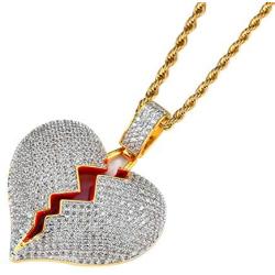 EXGOX Mens and Women 18k Gold Plated Broken Heart Pendant Necklace Hip Hop CZ Fully Iced Out Bling Cuban Stainless Rope Chain Necklace