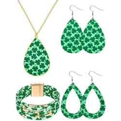 Yaomiao 4 Pieces St. Patricks Day Jewelry Set Shamrock Print Necklace Multi-Layer Bracelet and Faux Leather Dangle Earrings