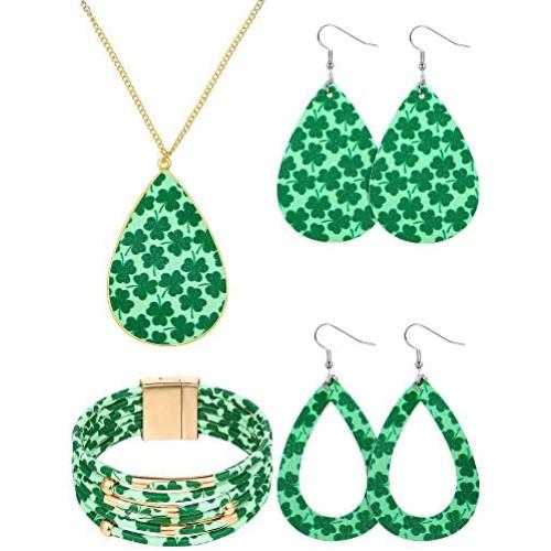 Yaomiao 4 Pieces St. Patricks Day Jewelry Set Shamrock Print Necklace Multi-Layer Bracelet and Faux Leather Dangle Earrings