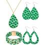Yaomiao 4 Pieces St. Patricks Day Jewelry Set Shamrock Print Necklace Multi-Layer Bracelet and Faux Leather Dangle Earrings