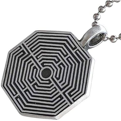Medieval France Jewelry Octagonal Arras Amiens Labyrinth Maze of Chartres Cathedral Protection Amulet Symbol of Life Pewter Mens Womens Pendant Necklace Charm for Men Women Unisex Silver Ball Chain