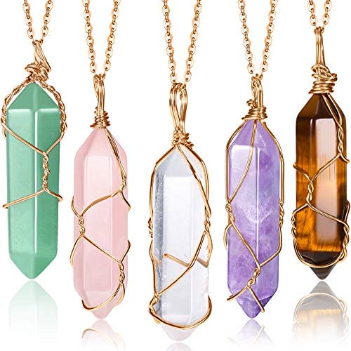 Yaomiao 5 Pieces Hexagonal Crystal Pointed Quartz Pendant Necklaces Natural Energy Healing Gemstone Necklaces with Tree Wire Wrapped for Women Girls