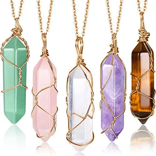 Yaomiao 5 Pieces Hexagonal Crystal Pointed Quartz Pendant Necklaces Natural Energy Healing Gemstone Necklaces with Tree Wire Wrapped for Women Girls Yaomiao 5 Pieces Hexagonal Crystal Pointed Quartz Pendant Necklaces Natural Energy Healing Gemstone Necklaces with Tree Wire Wrapped for Women Girls