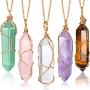 Yaomiao 5 Pieces Hexagonal Crystal Pointed Quartz Pendant Necklaces Natural Energy Healing Gemstone Necklaces with Tree Wire Wrapped for Women Girls