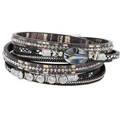 Emibele Layered Leather Bracelet, Rivet Leopard Print Bohemian Style Multilayer Wrap Bracelet, Handmade Agate Chakra Crystal Glass Beaded Shell Bracelet for Women