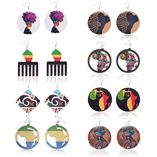 Melody Clover 8 Pair Wooden Round Earrings DIY Printing African Multicolor Geometric Personalized Earrings for Woman Fashion Jewelry