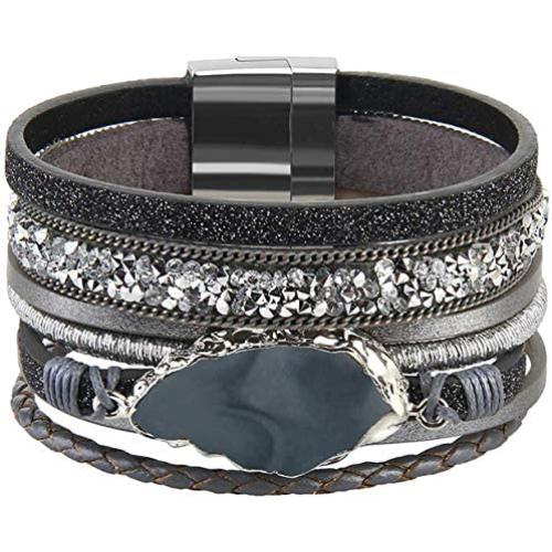 AZORA Leather Cuff Bracelet Multi Rope Wrap Bracelets with Stone Cuffs Bangle for Women Teen Girl