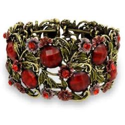 Bling Jewelry Wide Red Crystal Flower Statement Cuff Bracelet for Women Flexible Oxidized Gold Plated